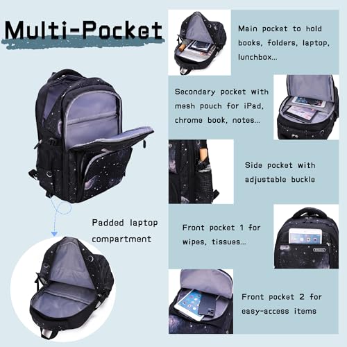 3Pcs Galaxy Boys Rolling Backpack Set with Lunch Bag, Galaxy Print Kids Backpack for Boys with Wheels - color: 3pcs-galaxy-black