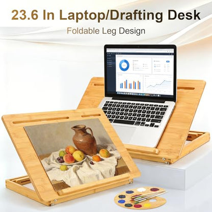 Drawing Table Nnewvante Laptop Desk Adjustable Drafting Desk Foldable Bamboo Bed Tray with Tablet Slot for Adult Kids, Large