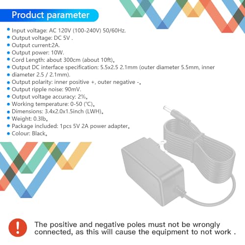 5V 2A Power Supply Adapter 10W AC/DC Wall Charger Extension Power Cord Replacement with 5.5x2.5mm/2.1mm Plug, 5 Volt 2Amp Power Adapter Transformer Cable [10ft]