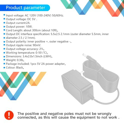 5V 2A Power Supply Adapter 10W AC/DC Wall Charger Extension Power Cord Replacement with 5.5x2.5mm/2.1mm Plug, 5 Volt 2Amp Power Adapter Transformer Cable [10ft]