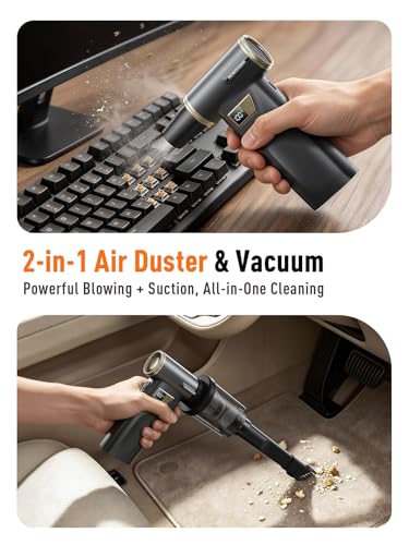 REWONDER Electric Air Duster Cordless Rechargeable Cleaner with Vacuum | 130000RPM brushless motor, 100 adjustable speeds, LED display, 2-in-1 blow & vacuum, for PC, keyboard, car, home cleaning