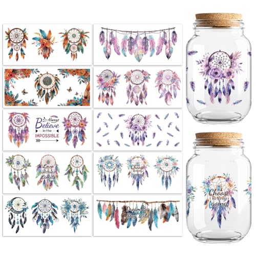 Bohemian Feathers UV DTF Cup Wraps, 10 Sheets Transfer Sticker | Waterproof UV DTF Stickers, Custom Vinyl Decals for 16oz Coffee Cups Tumblers Bottles Mugs, DIY Gifts & Crafts - style: Bohemian feathers