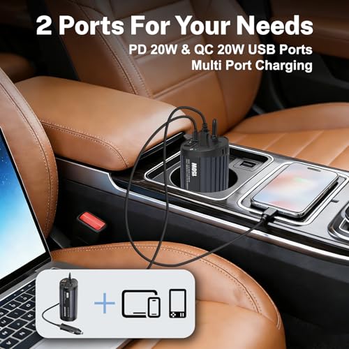 150W Car Power Inverter Cup Holder, 12V DC to 110V AC Power Converter with 1 AC Outlet and 1 USB-QC, Car Plug Adapter Car Outlet Adapter for Laptop, Computer, Phones on Camping Road Trip