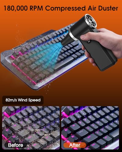 Compressed Air Duster, 180000 RPM Turbo Dust Blower, 45W Charge | SuperPower Mini Cordless Electric Air Duster, 8000mAh, 4 Adjustable Speeds, Keyboard/PC/Car Cleaner, Replace air can - color: Black