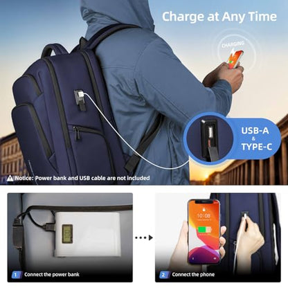 17.3 Inch Laptop Backpack for Men Women, 30L Travel Backpack | Carry-On Flight Approved,Work Computer Backpack with USB A&C Port,Business Laptop Bag,WaterResistant Anti-Theft Daypack - color: Blue
