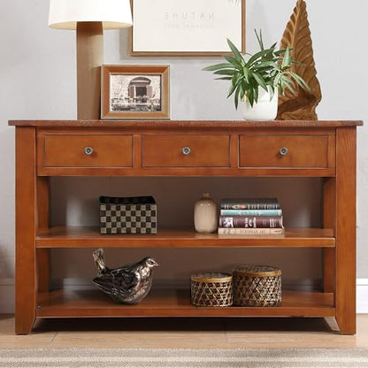 Modern Farmhouse Entryway Console Table 48 Inch Wood Sofa Table with 3 Drawers & 2-Tier Storage Shelves for Living Room, Foyer, Hallway Furniture, Easy Assembly (Brown) - color: # Brown