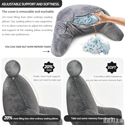 Reading Pillow for Adults Sitting‑Up in Bed, Backrest with Arms | Detachable Neck‑Cushion; Shredded Memory‑Foam; Side Pockets; Washable Velvet Cover; Gaming & TV, Sofa Use - color: Grey