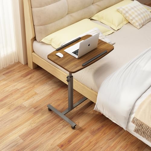 Laptop Table Mobile Adjustable Height Portable Desk Notebook Swivel PC Computer Rolling Desk with Wheels, Laptop Stand for Couch Bedside Hospital Bed Table - color: Light Walnut