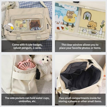 Kawaii Crossbody Ita Bag for Women with Pin and Plush Penguin, Cute Messenger Bag Japanese Crossbody Bag Y2K Purse - color: Beige, size: Large-Fit Laptop