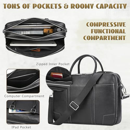Leather Laptop Bag for Men Briefcase Fits 15.6 Inch Notebook Portable Shoulder Messenger Crossbody Bag for Travel Office - color: 824-black