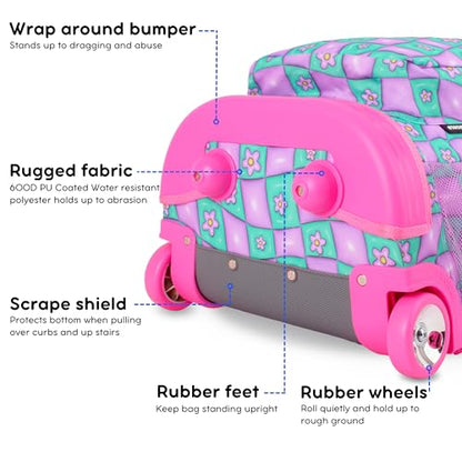 J World Sunrise Kids Rolling Backpack with Wheels for Girls Boys, Roller Bookbag for School, 18 x 13 x 9 Inches, Puffy Flower - color: Puffy Flower