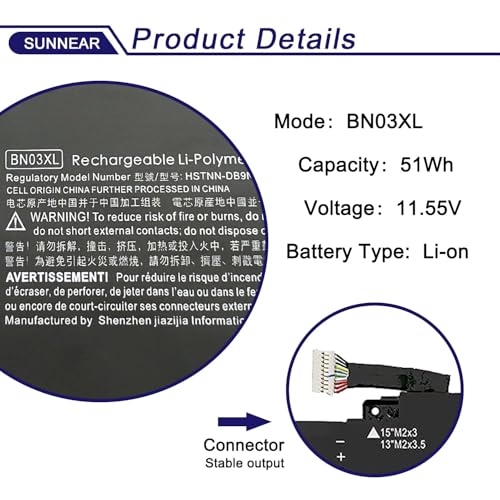 BN03XL L77034-005 Laptop Battery Replacement for HP Envy 13 13-ba 13-AR 13-AY Envy X360 15 2020 15-ED 15M-EE 15M-EE0013DX 15M-EE0023DX Series Notebook HSTNN-DB9N L73965-271 L76985-271 51Wh - size: 8.8*5.3*1.41 inches BN03XL-x