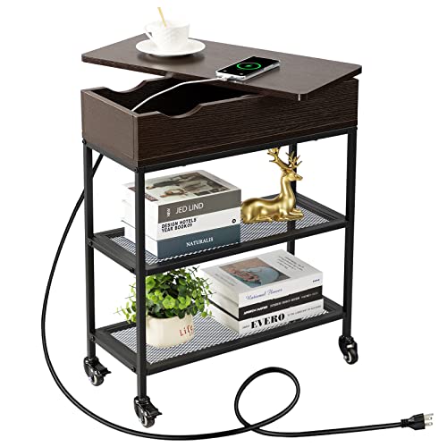 Hadulcet End Table with Charging Station & Rotating Top, Couch End Table, Rotating Swivel Top Side Table for Living Room & Bedroom, Narrow Rolling Side Table on Wheels, Skinny Nightstand, Black Walnut - color: Black Walnut