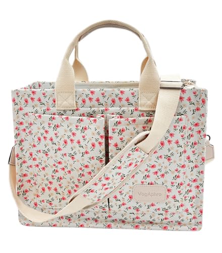Large Canvas Tote Bag for Women Work Tote Bags with Pockets Laptop Crossbody Purses Everyday Bag Handbags for Travel - color: New Upgrade Plus Floral Beige