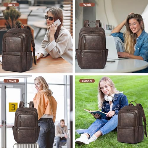 Leather 17 inch Laptop Backpack for Women, Large Travel Backpack Purse for Casual Daypack College Work Bag - color: Coffee