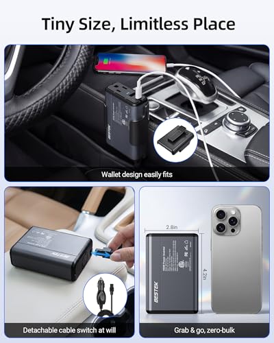 BESTEK 150W Power Inverter 11-17V, 30W USB-C, 18W USB-A Car Charger Adapter | 12V DC to 110V AC Converter, Vehicle Cigarette Lighter Plug Outlet, 10 Layer Protection, ETL Certified, Aluminum Housing-Gray - color: Gray