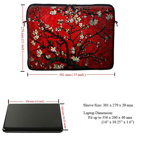 Meffort Inc 14 14.1 Inch Neoprene Laptop Sleeve Bag Carrying Case with Hidden Handle and Adjustable Shoulder Strap (Vincent Van Gogh Cherry Blossom) - color: Vincent Van Gogh Cherry Blossom