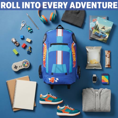 Get Trend Hot Wheels 3D Rolling Luggage with Wheels, 17” Travel Bag | 19L Cabin Suitcase, Lightweight Kids Carry On Backpack with Telescopic Handle for Trips, Holidays & School - color: Blue/Multi Hot Wheels