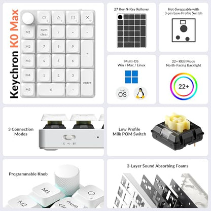 Keychron K0 Max QMK Wireless Custom Number Low-Profile RGB Backlit (Hot-Swappable) Banana Switch Keypad, 2.4 GHz & Bluetooth 5.3 Connection, 1000Hz Polling Rate - White - color: Banana Switch, size: White