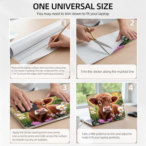 Highland Cow in Spring Field Universal Laptop Skin Sticker 3PCS, Protective Decal Trim-to-Fit 11.6" 13.3" 14" 15.6" Laptop Vinyl Cover, Removable Anti-Scratch Computer Decal Protector - color: Highland Cow In Spring Field