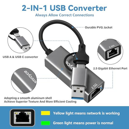 USB 3.0 to Ethernet Adapter 2.5G, USB C 3.1 to RJ45 2.5Gigabit LAN (2500Mbps) Network Internet Adapter Converter, Support 2.5G/1000/100/10Mbps, Plug and Play,for Laptop, MacBook, Windows, MacOS,Linux - style: 2.5G