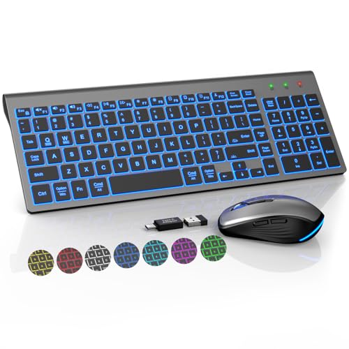 SABLUTE Wireless Keyboard and Mouse Combo, Compact Backlit Scissor Keys | Slim Design, Rechargeable, Quiet Typing, RGB Mouse, Auto Sleep, 2.4GHz USB Wireless, KM61PRO Portable Set for Windows & Mac - color: Space Gray