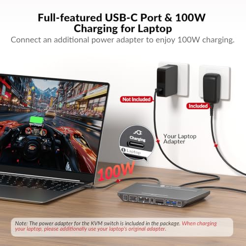 AV Access KVM Switch Docking Station for 2 Monitors 2 Computers, 4K KVM Switch Dual Monitor for Laptop & Desktop, EDID, 1G Ethernet, 100W USB-C Charging, 3X USB 3.0, Ideal for Home Office & Gaming - size: 14in