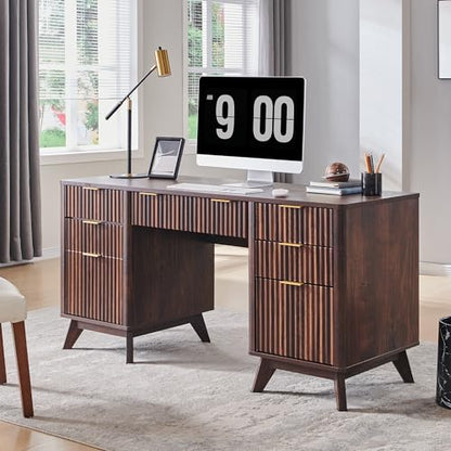 T4TREAM Fluted Executive Desk with Drawers, 60" Modern Home Office Computer Desk with Charging Station, File Cabinet, Keyboard Tray and Storage Cabinet for Study, Living Room, Bedroom, Dark Walnut - color: Walnut