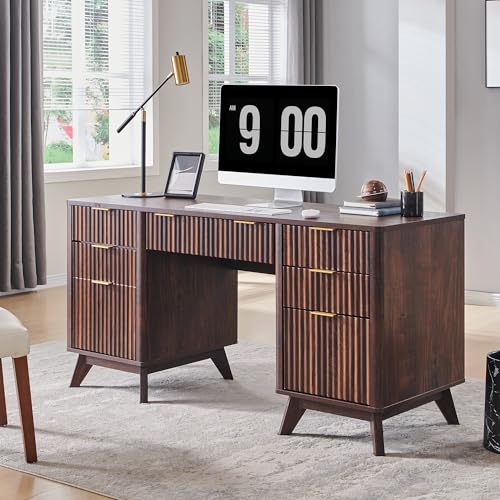 T4TREAM Fluted Executive Desk with Drawers, 60" Modern Home Office Computer Desk with Charging Station, File Cabinet, Keyboard Tray and Storage Cabinet for Study, Living Room, Bedroom, Dark Walnut - color: Walnut