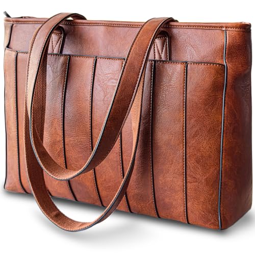 Laptop Bag for Women - 14" Vegan Leather Computer Bags for Laptops for Women - Padded Compartment - Leather Tote - color: Brown
