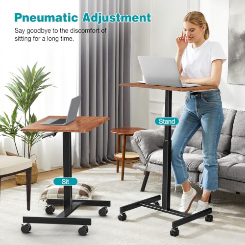 DUMOS Mobile Small Standing Desk, Portable Rolling Laptop Desk with 2 Lockable Wheels, Adjustable Height Computer Workstation for Home Office, 19 Inch Brown - color: Brown