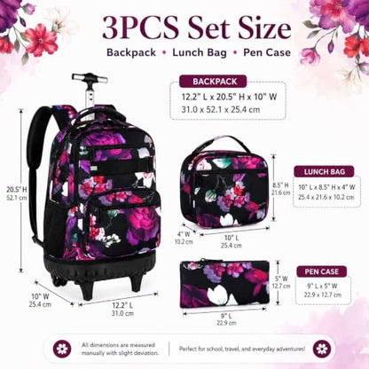 3Pcs Rolling Backpack for Girls, 19 Inche Rose Roller Bag with Wheels, Adults Wheeled Bookbag Set for Women(Black) - color: Rose Black02
