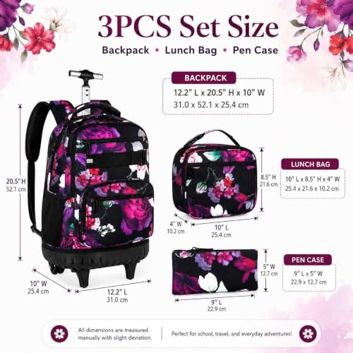 3Pcs Rolling Backpack for Girls, 19 Inche Rose Roller Bag with Wheels, Adults Wheeled Bookbag Set for Women(Black) - color: Rose Black02