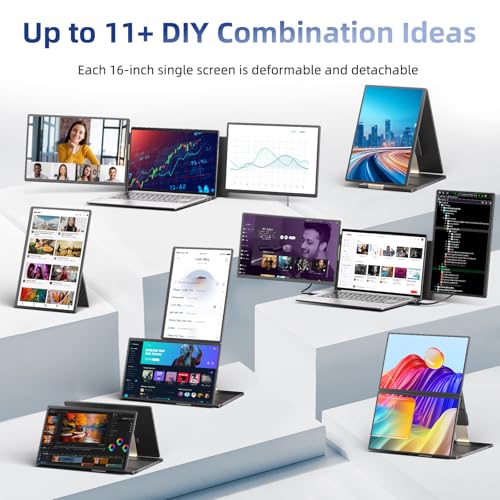 Laptop Screen Extender 2.5K - Updated 16" Triple Portable Monitor 2560x1600P QHD 100% sRGB IPS, Plug & Play, Rotation Detachable Screen Compatible with Mac Wins Dex Chrome Fits 13"-17" Laptops - size: 16"