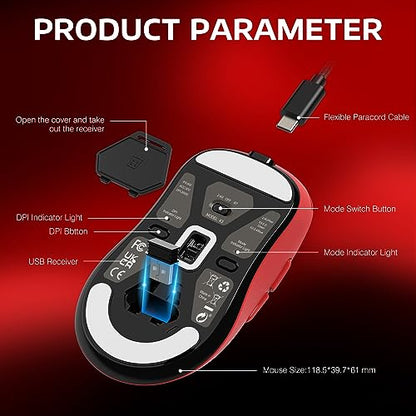 MANBASNAKE Attack Shark X3 49g Ultra-Lightweight Wireless Gaming Mouse, Red | Bluetooth 5.2/2.4G Wireless/Wired, PAW3395 Gaming Sensor, 26K DPI, 200h Battery Life, Programmable Buttons for PC/Mac/Win - color: Red