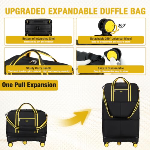 Rolling Duffle Bag with Detachable Wheels, Large Capacity Expandable Foldable Suitcase for Travel,Collapsible Luggage Carry on Duffel Overnight Weekend Bags - color: Yellow