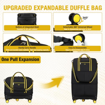 Rolling Duffle Bag with Detachable Wheels, Large Capacity Expandable Foldable Suitcase for Travel,Collapsible Luggage Carry on Duffel Overnight Weekend Bags - color: Yellow