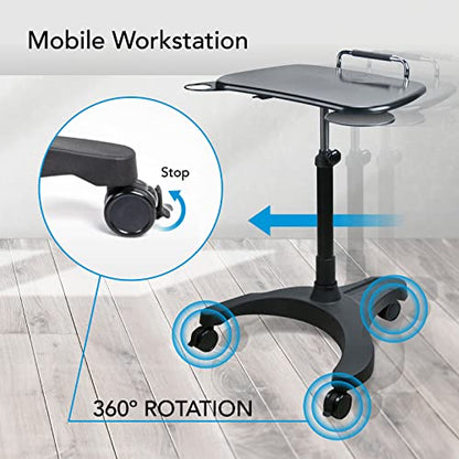 EHO Mobile Laptop Desk Cart with Wheels, Height Adjustable Standing Desk with Pneumatic Lift, Rolling Workstation with Mouse Tray and Cup Holder, Portable Table for Home Office or Classroom - style: Standard Desk
