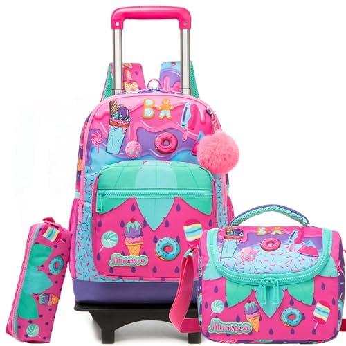 Girls Rolling Backpack for Kids Ages 8-12 Wheeled Backpack for Kids Backpacks for Girls with Lunch Bag Back to School Supplies Kit - color: Purple Ice Cream