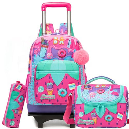 Girls Rolling Backpack for Kids Ages 8-12 Wheeled Backpack for Kids Backpacks for Girls with Lunch Bag Back to School Supplies Kit - color: Purple Ice Cream