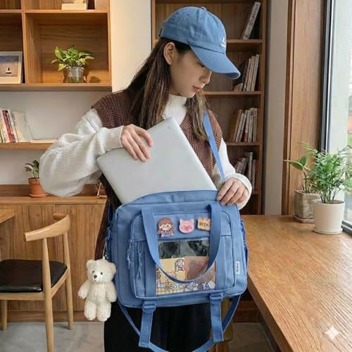 Kawaii Crossbody Ita Bag for Women with Pin & Plush Bear - Japanese Messenger Bags Y2K Shoulder Purse - color: B Pro Blue (Fits 13.4" Laptop)