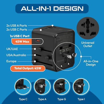 Ceptics 8 in 1 Universal Travel Adapter for EU, UK, US, AU and More, World Travel Adapter, 2X US Socket, Universal Socket, 3X USB-C and 2X USB-A, 45W Fast Charge – UP-45KU-BL - color: Black