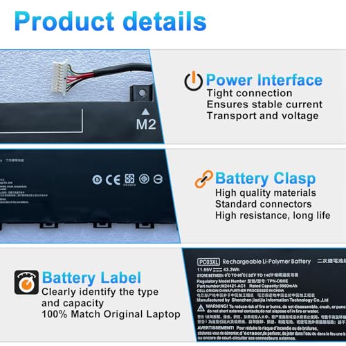 PC03XL M24648-005 Laptop Battery for HP Pavilion x360 14 14-DY 14-BA 14-CD 14-dw 15 15-er Pavilion Aero 13-be Pavilion x360 Convertible 14-dy Series HSTNN-OB1W M24421-271 M24421-AC1 PC03043XL - size: 9.76*2.75*0.28inch PC03XL