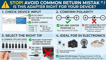 SoulBay 5V 2A Power Supply Adapter 10W AC100-240V to DC 5 Volt 2Amp Versatile Charger Cord with 8 Plugs for USB Hub TV Box Tablet Camera Speaker GPS Webcam Router and More 5vdc Electronics, 5FT