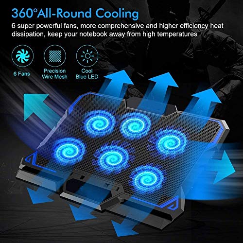 Laptop Cooling Pad, 6 Quiet Fans Up to 12"-17" Gaming Cooler Pad 6 Angle Adjustable Laptop Cooling Fan Stand,Blue LED Lights 2 USB Ports