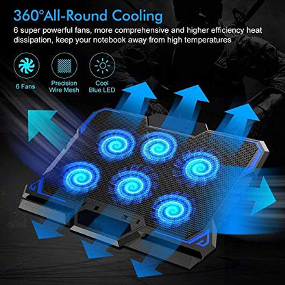 Laptop Cooling Pad, 6 Quiet Fans Up to 12"-17" Gaming Cooler Pad 6 Angle Adjustable Laptop Cooling Fan Stand,Blue LED Lights 2 USB Ports