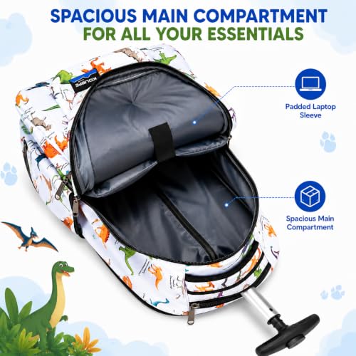 Heavy Duty Rolling Backpack School Bookbag with Wheels Deluxe Wheeled Daypack - color: Dino