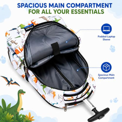 Heavy Duty Rolling Backpack School Bookbag with Wheels Deluxe Wheeled Daypack - color: Dino