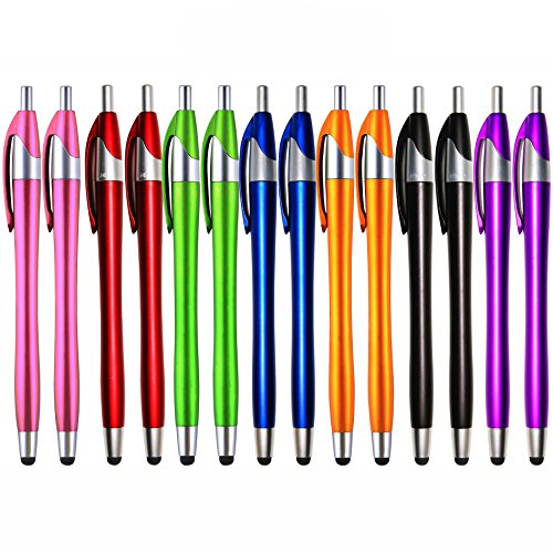 Skoloo Electronic Screen Touch Stylus,14 Pack 2 in 1 Slim Long Click Ink Stylus Ballpoint Pen For Universal Android Touch Screen Tablet Smartphone, Google Nexus, Samsung Galaxy, HTC, Multi-colored