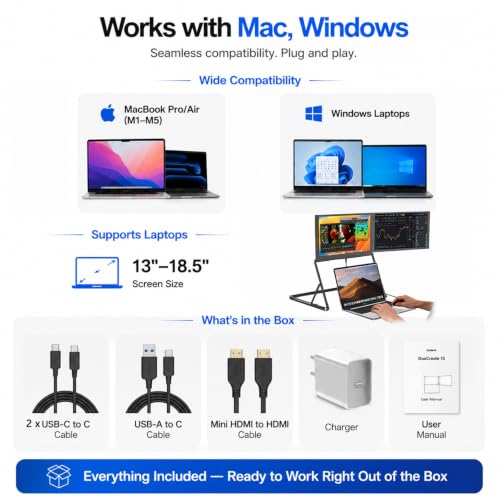 DuoCreate FHD 15.6" Triple Portable Monitor Extender for Laptop | 2×15.6" 1920×1080 IPS | 360° Rotation | USB-C & HDMI | Aluminum Alloy Foldable Stand | Eye Care | for 13-18.5" Mac & Windows